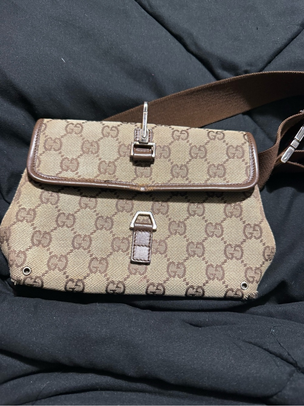 Gucci Brown GG Canvas Messenger Bag with Leather Trim